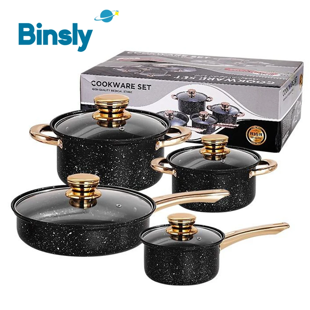 Ensemble d'ustensiles de cuisine de luxe modernes, 8 pièces, poignée dorée, Pot à soupe, couvercle en verre métallique, cuisine, ensemble d'ustensiles de cuisine durables sans Stock