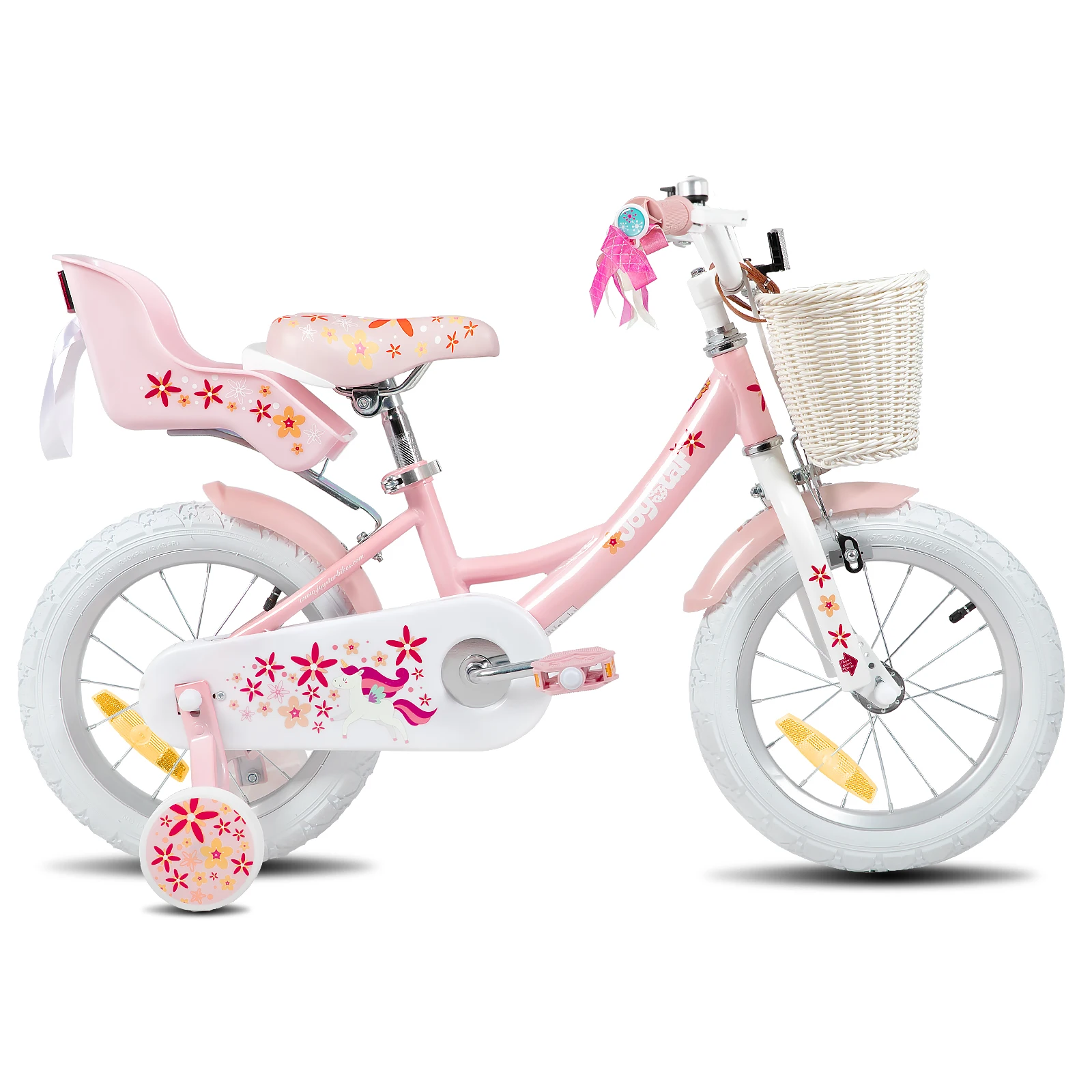 JOYSTAR Mädchenfahrrad für Kinder im Alter von 2–9 Jahren, 12 14 16 18 Zoll Kinderfahrrad mit Stützrädern, Luftschlangen, Korb, Puppensitz, Rosa Image
