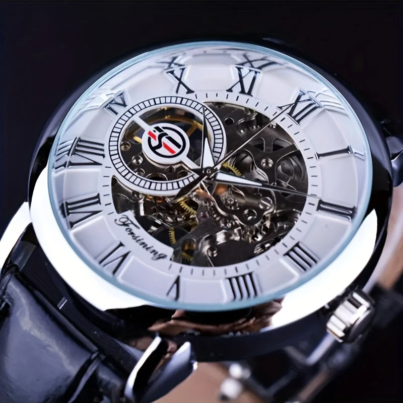 Einfache modische Herrenuhr, Skelett-Design, kreative manuelle mechanische Uhr, rundes Zifferblatt, Zeigeranzeige, Legierungsgehäuse, Lederarmband, keine Batterie erforderlich, Herrenuhr, Jugend, Image