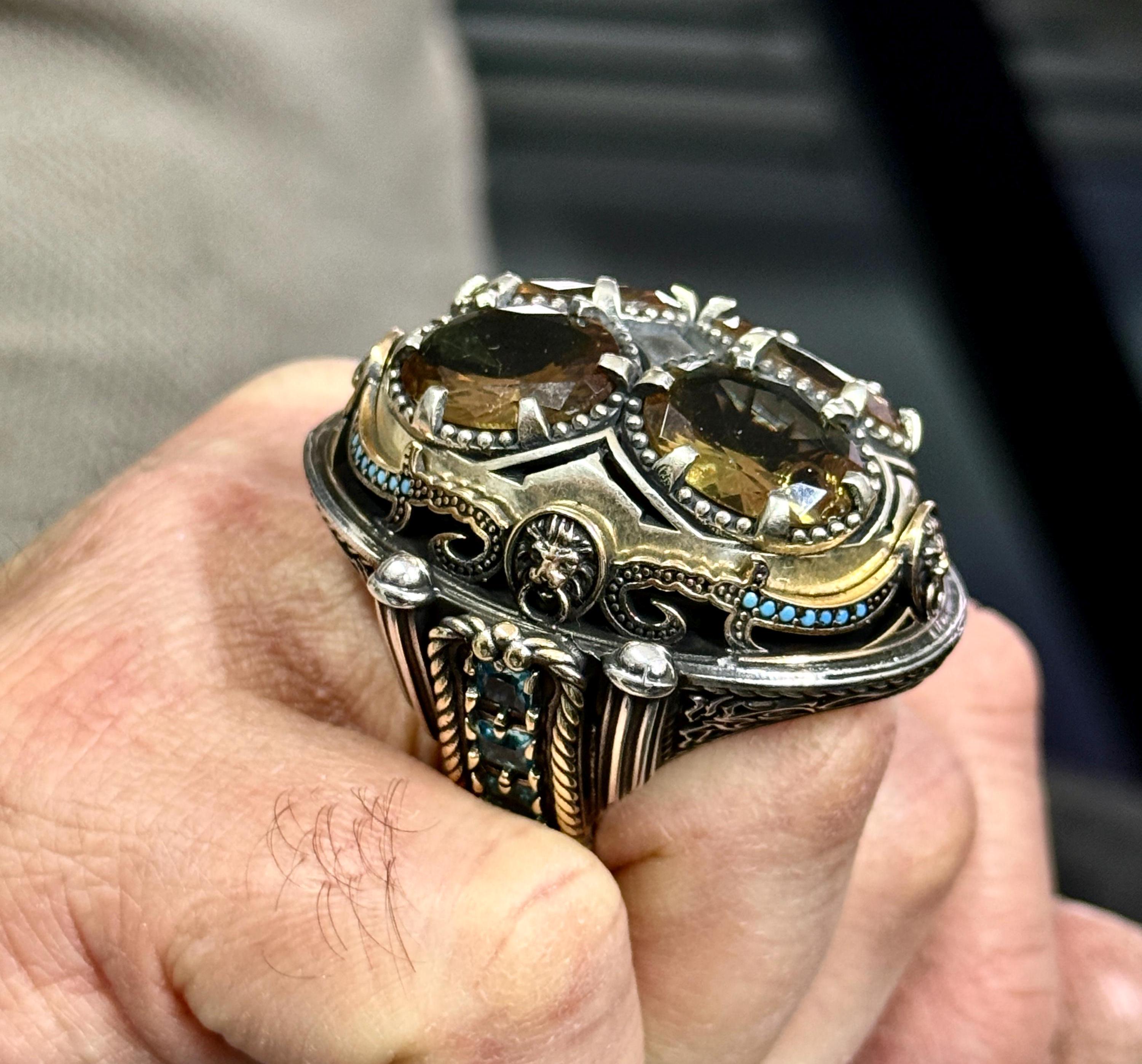 Männer Silber Großer Sultanit Ring, Türkisch Handgemachter Großer Leon Kopf Figur Ring, Große Erklärung Männer Ring, Sultanit Silberring, 925 Silber