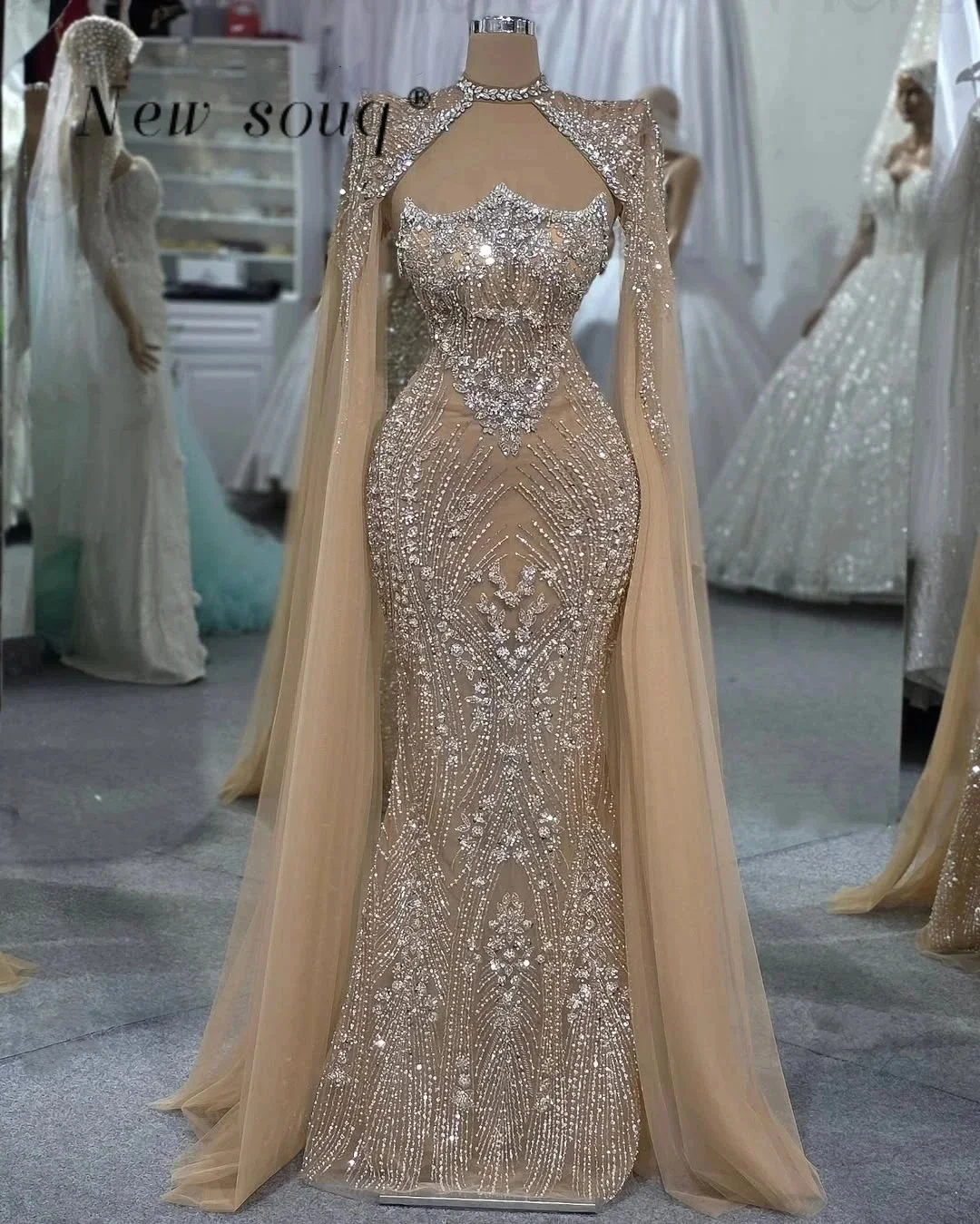 Champagne Strapless Evening Dresses with Cape Arabic Sequined Beads Elegant Dubai Wedding Engagement Prom Party Gowns Customized
