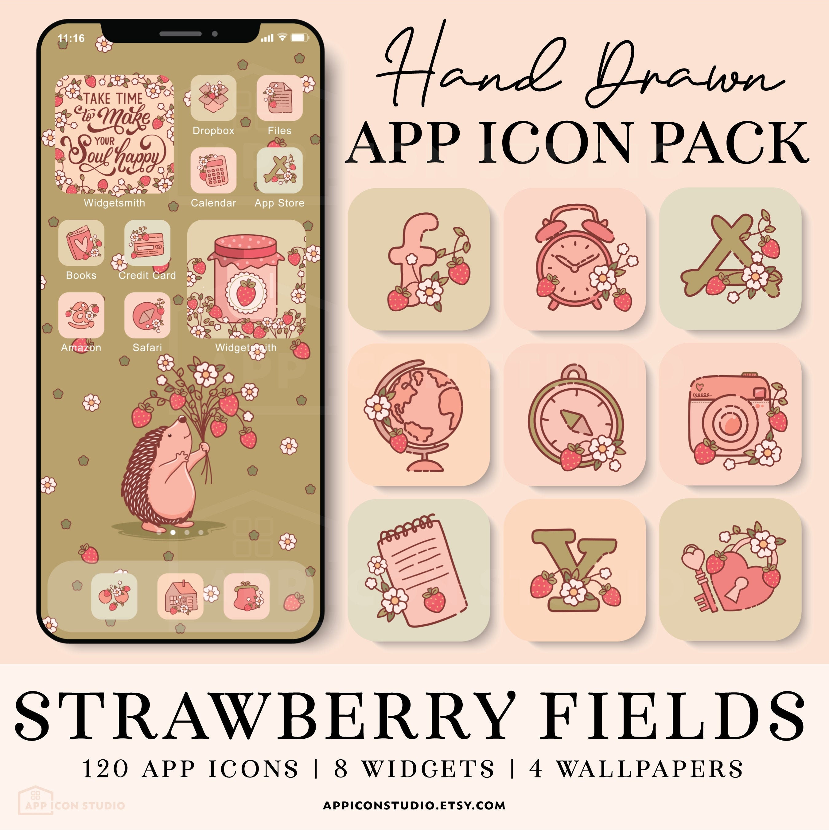 Icone app Strawberry, icone Cottagecore iOS 14, icone estive per iPhone, copertine app vintage, icone in evidenza, pacchetto di icone app Android, 210