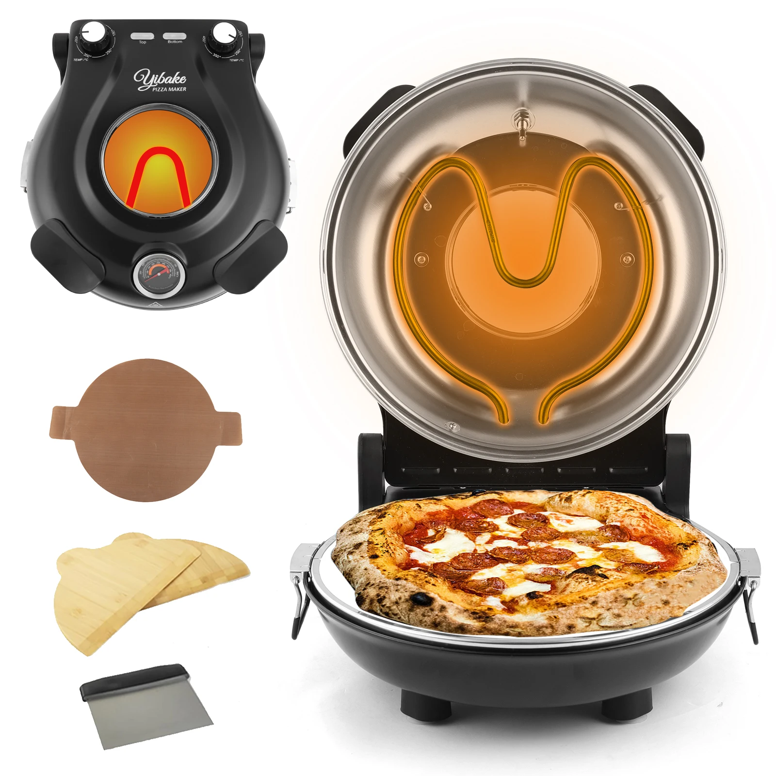 YIBAKE 12-Zoll-Elektro-Pizzaofen für den Innenbereich, antihaftbeschichtet, Keramikstein, erhitzt bis zu 420 ℃ für köstliches gebackenes Pizzeria-Set Image