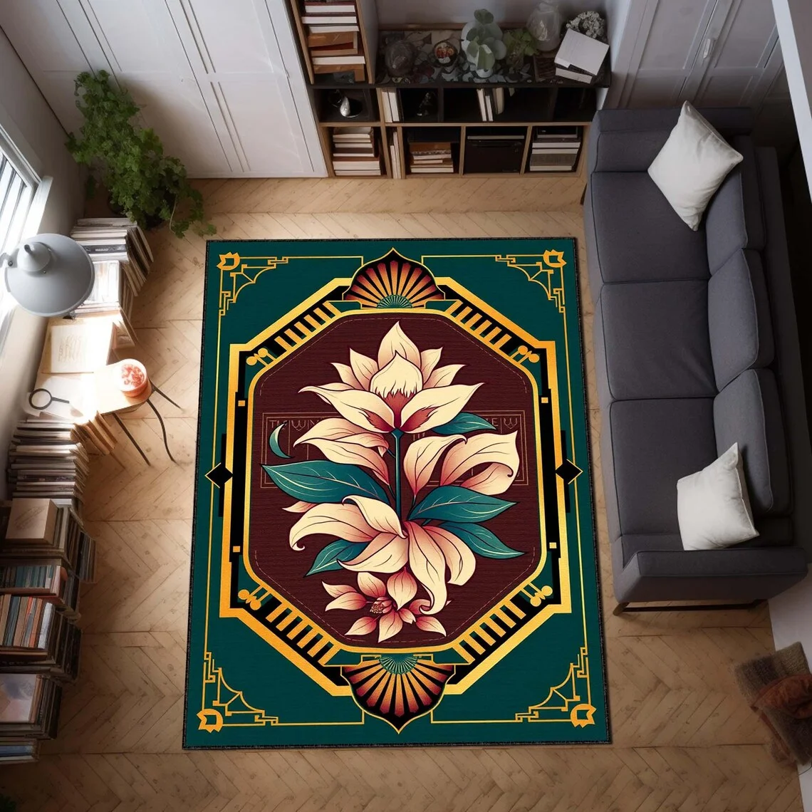 Eleganter Art-Deco-Teppich, floraler Luxus-Teppich, Vintage-Bodendekoration, smaragdgrüner Teppich, moderner klassischer Teppich für Zuhause und Büro