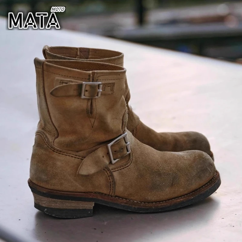 Handgefertigte Vintage Khaki Wildleder Arbeitsstiefel Herren und Damen Ingenieur Ort Schuhe American Retro Motorradstiefel Faded Mid-Calf Boot