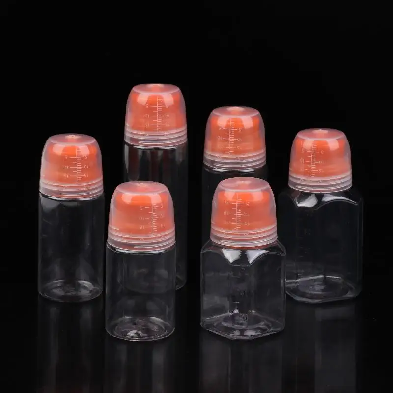 Runde, quadratische, leere Kunststoff-Sauce-Quetschflaschen, nachfüllbare Gewürzbehälter mit Graduierung für Salatdressing, Grillöle Image