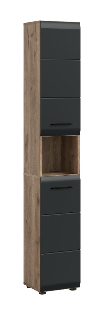 Ebuy24 Ice Hochschrank Bad 2 Türen, 1 Regal Schwarz matt, Eiche Dekor. Image