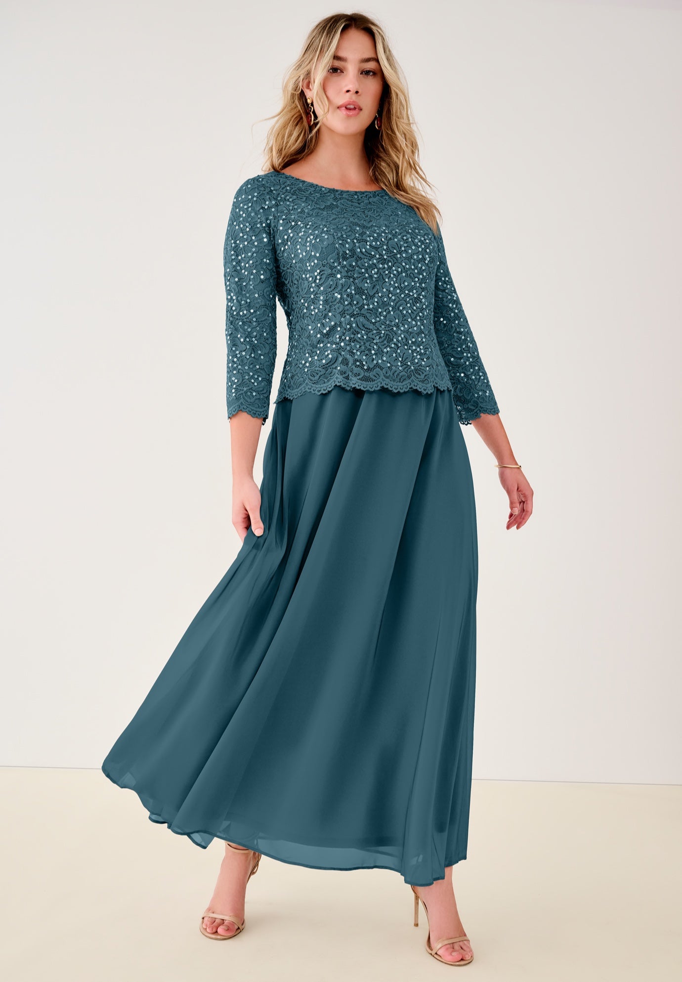 Plus Size Women's Plus Size Sparkle Lace Popover A-Line Gown with 3/4 Sleeves by Roaman's in Mystic Pine (Size 30 W)