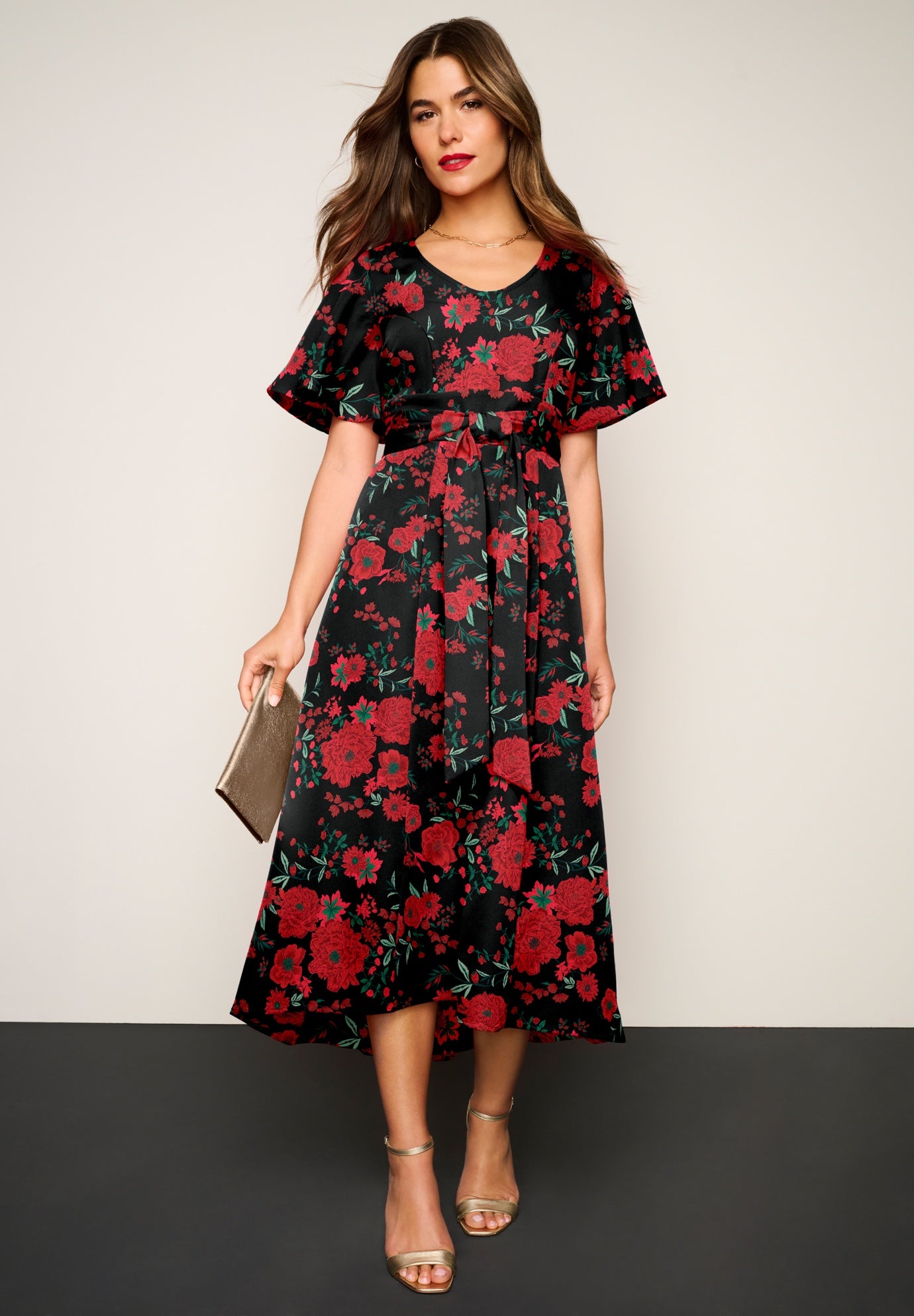 Plus Size Women's Plus Size Flutter Sleeve V-Neck Fit and Flare Bi-stretch Maxi Dress by Roaman's in Blush Rose Garden (Size 24 W)