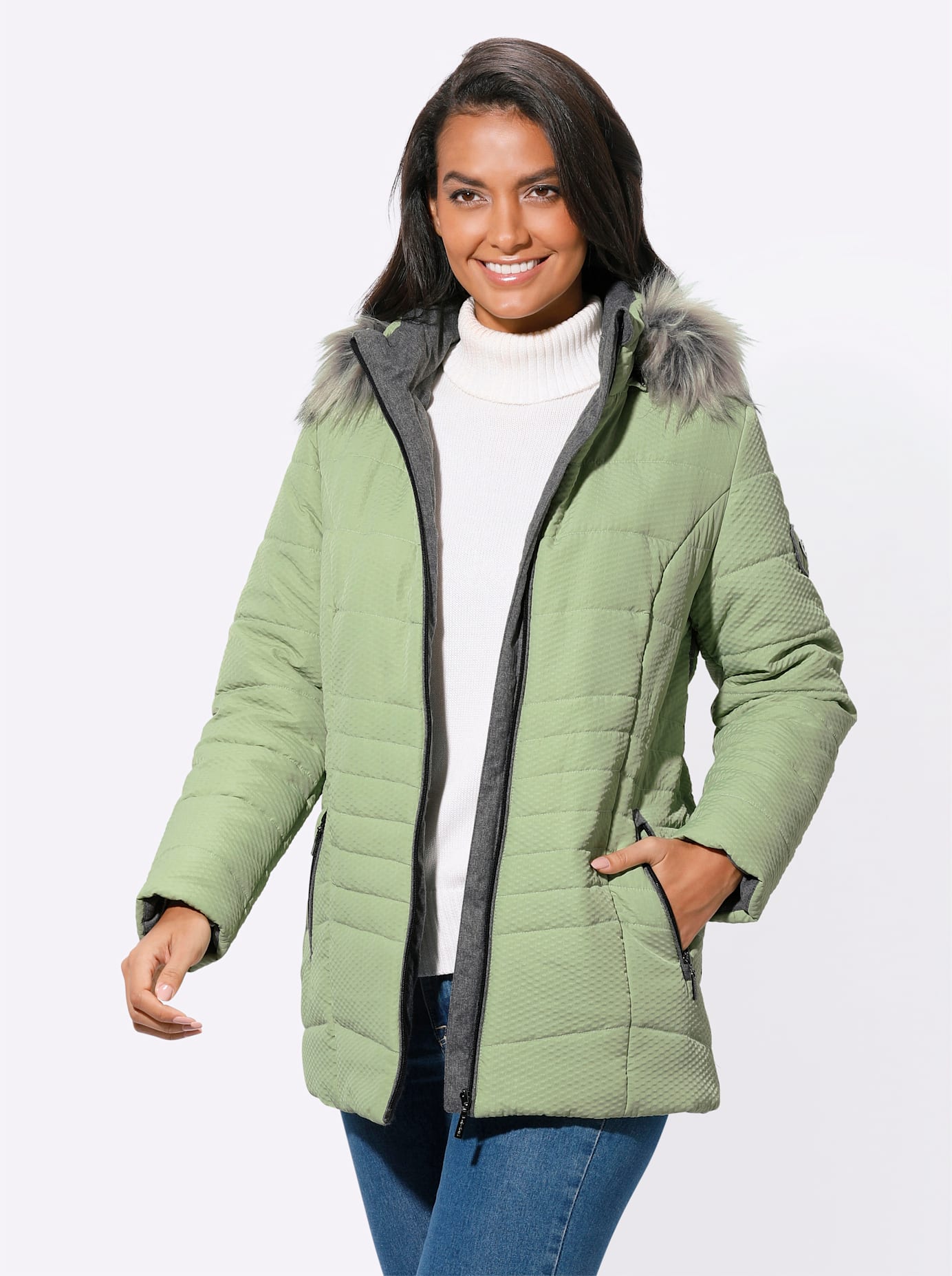 Steppjacke CASUAL LOOKS, Damen, Gr. 23, grün (eucalyptus), 66% Polyamid, 34% Polyester, Fellimitat:100% Polyester, Kapuzenfutter:100% Polyester, unifarben, Jacken Steppjacke