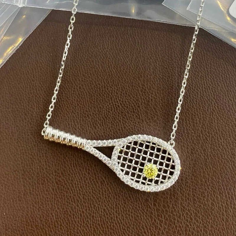 100% 925 Sterling Silber Pavé AAA Zirkonia Tennisschläger-förmige Anhänger-Halsketten-Sets für Damen, edler Schmuck Image