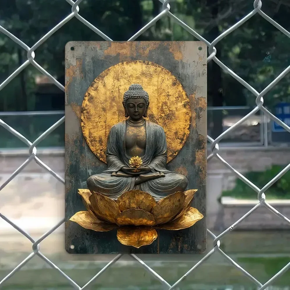 Weißblechgemälde, Retro Golden Buddha 2D Flat Print Schild – Heimdekoration für Meditation und Zen-Zimmer Image