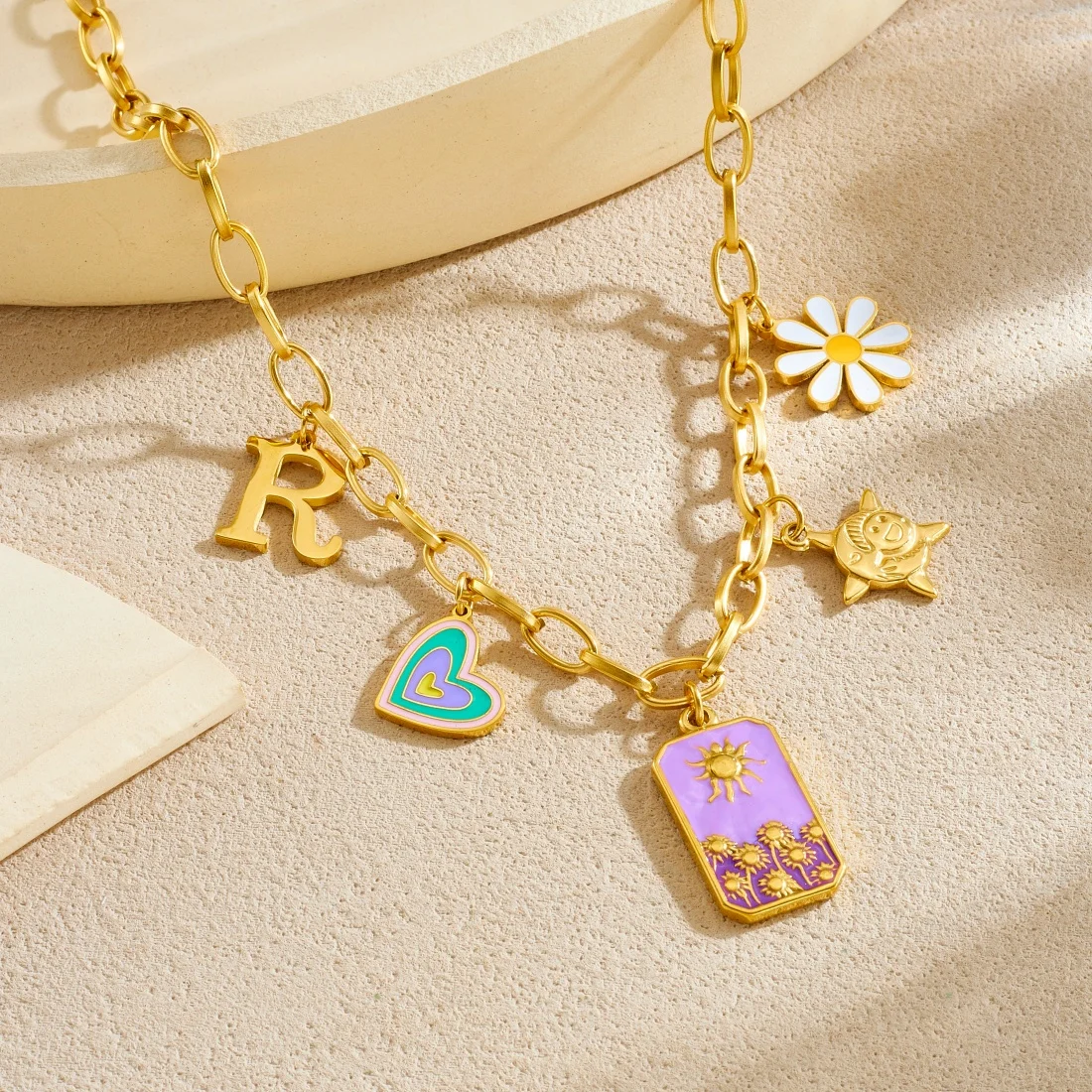 316L Edelstahl Lila Emaille Blume Herz Buchstabe R Anhänger Halskette Frauen Neuartige Trend Schlüsselbein Kette Party Geschenke Image