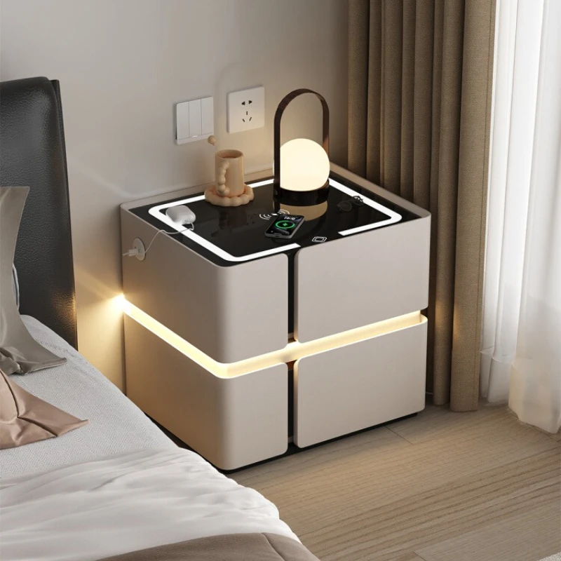 Nachttische mit LED-Induktionslicht, kabelloses Laden, dreifarbiges Licht, Nachttisch aus Holz, Designer-Luxus-Masa-Wohnmöbel Image