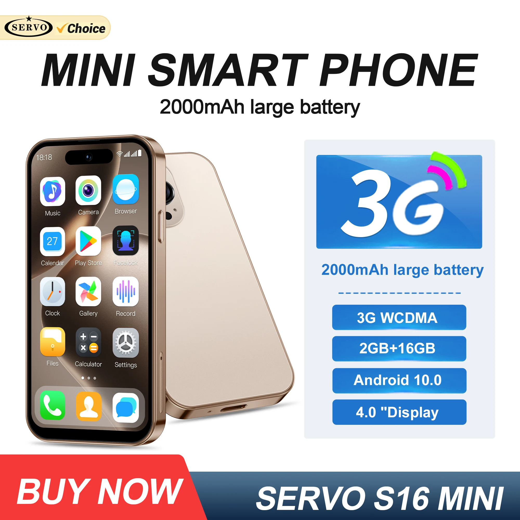 SERVO Mini Android Smartphone Dual SIM RAM 2GB ROM 16GB 3G WCDMA Play Store WiFi Hotspot Face Unlock 4.0