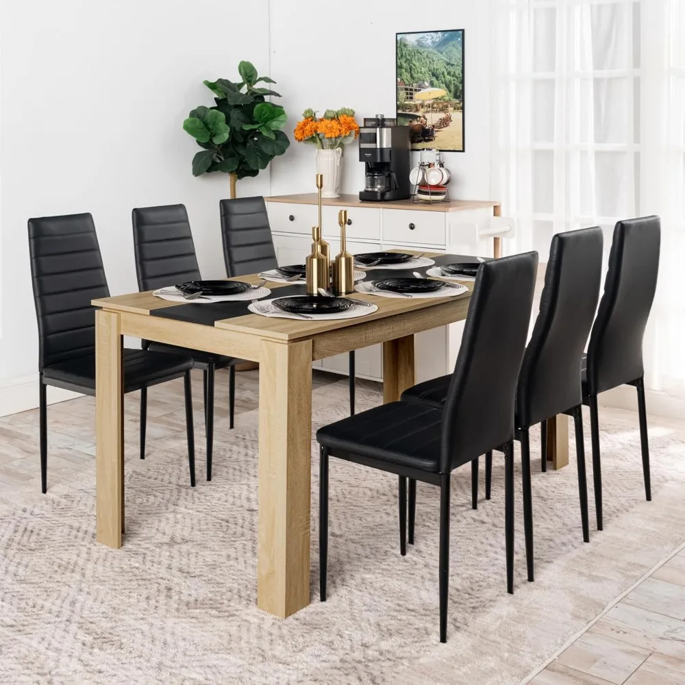 Esstisch mit 6 Stühlen, Esszimmer-Set, Esszimmer-Set mit Stuhl mit hoher Rückenlehne, Kunstlederstuhl für 6 Personen, Sitz-Set