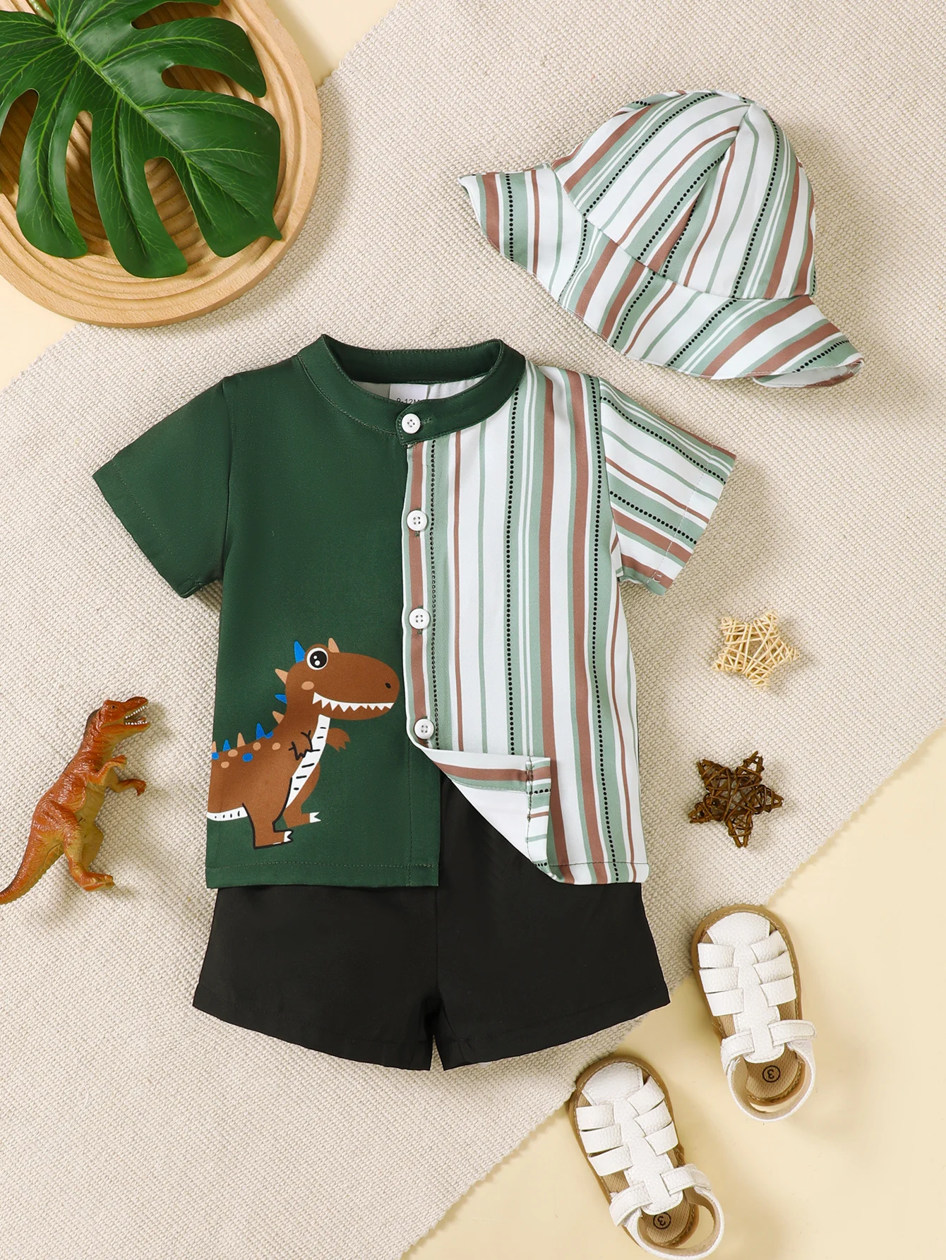 Sommer 0-3 Jahre alt Kleinkind Baby Jungen Dinosaurier Druck Streifen lässig 2-teiliges Set Image