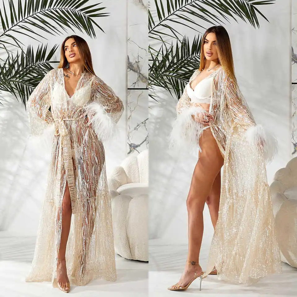 Funkelnder Damen-Nachthemd-Pyjama, Perlen, Kristalle, langärmelig, Braut- und Hochzeits-Bademantel für Fotografie nach Maß Image