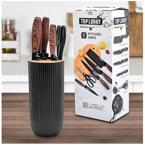 set di coltelli da cucina, set di coltelli di lusso da 6 pezzi rivestiti in legno, manico in venature di legno chiaro, coltello da chef antiaderente in acciaio inossidabile con ceppo per coltelli
