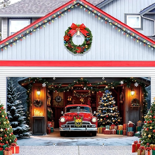 Copertura per porta da garage natalizia, casa di Babbo Natale, grande sfondo appeso, 2 auto, decorazione per feste all'aperto, stampa piatta 2D, striscione da parete festivo, cortile, casa, scena natalizia, sfondo 78 piedi