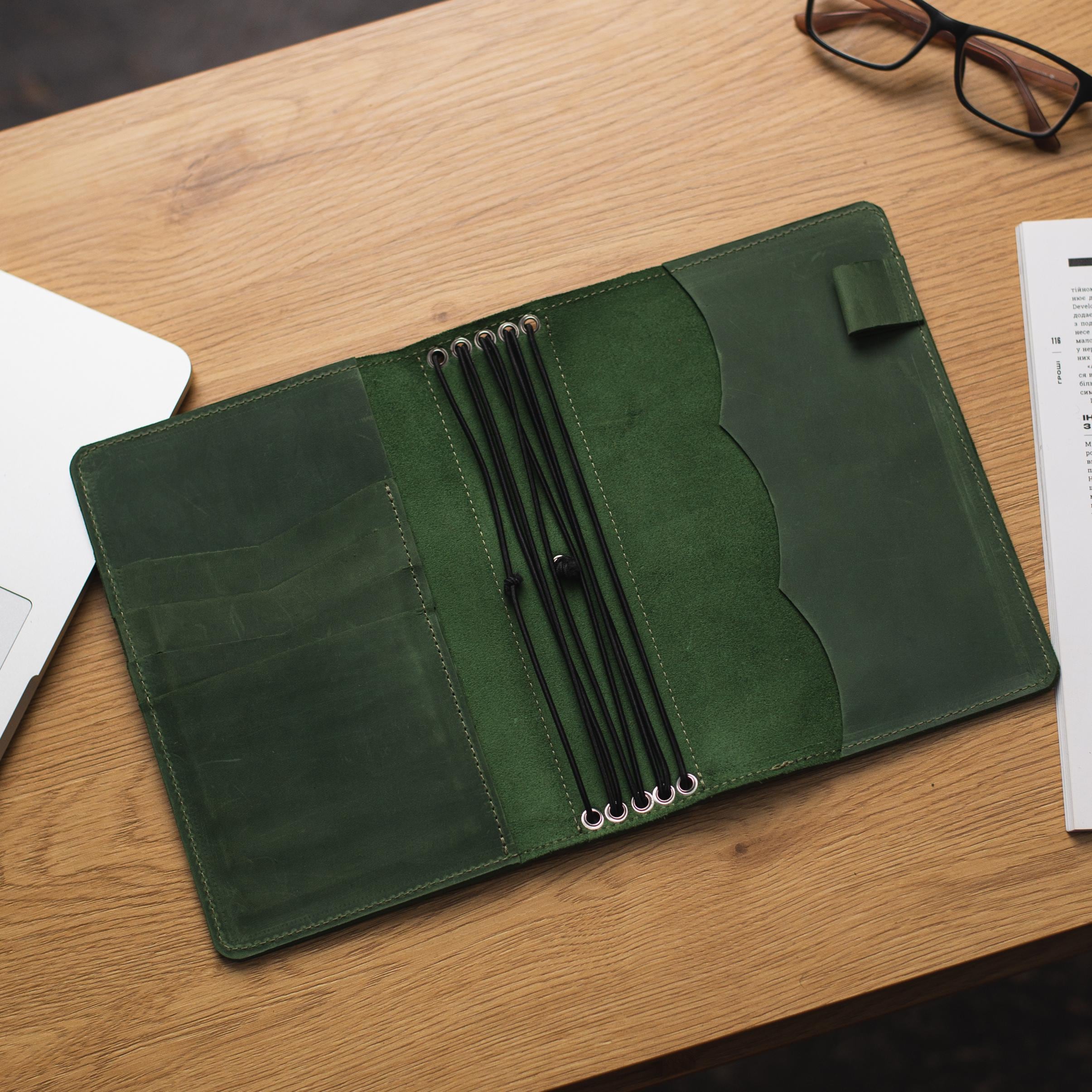 Copertina per taccuino da viaggio con elastico, copertina per taccuino verde, tasche per copertina per taccuino A5, copertina per taccuino A4, coperti