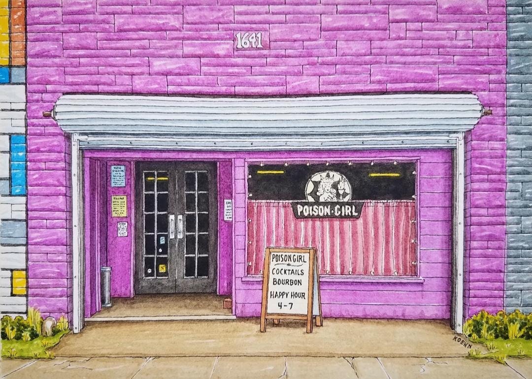 "Ragazza velenosa. 5\" x 7\". Houston Texas. Pittura ad acquerello. Stampa d'arte. Sala cocktail. Montrose Houston. Jim Koehn Arte. Arte di Houston."