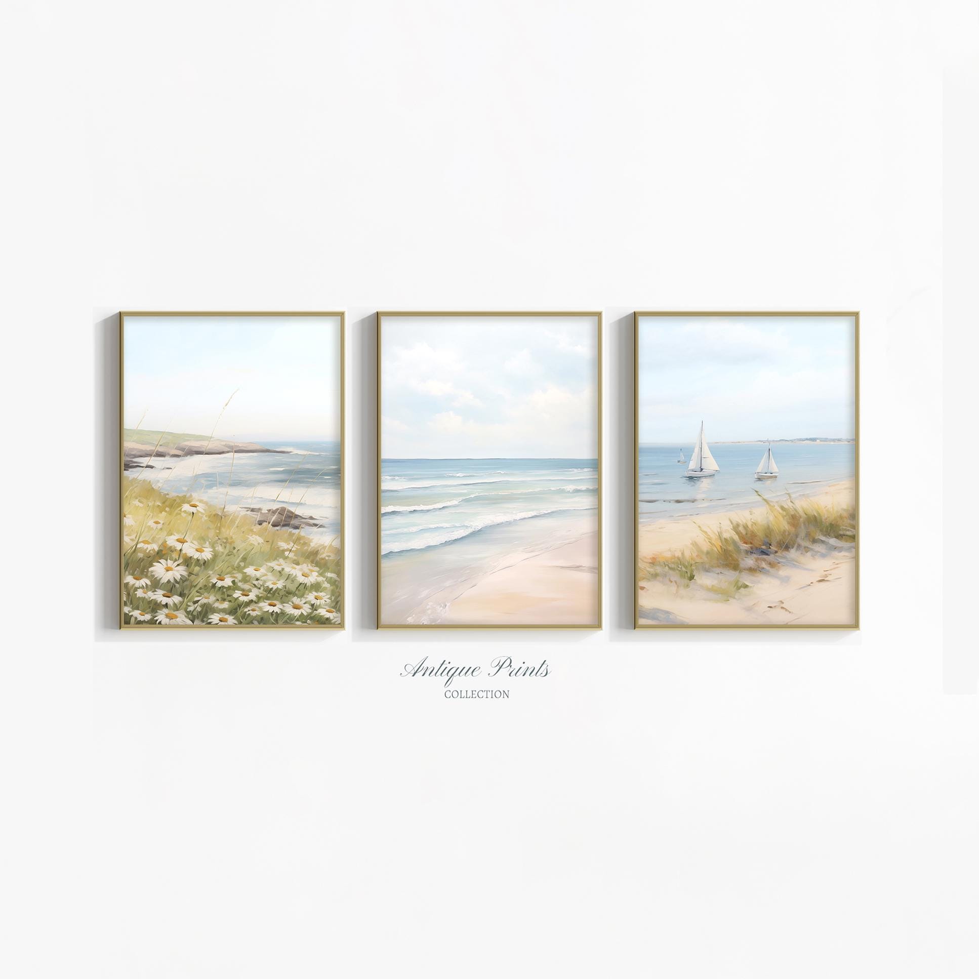 Stampe murali costiere da 3 pezzi, dipinti di paesaggi marini neutri, stampe murali di cottage sulla spiaggia, stampe digitali sull'oceano, stampe di