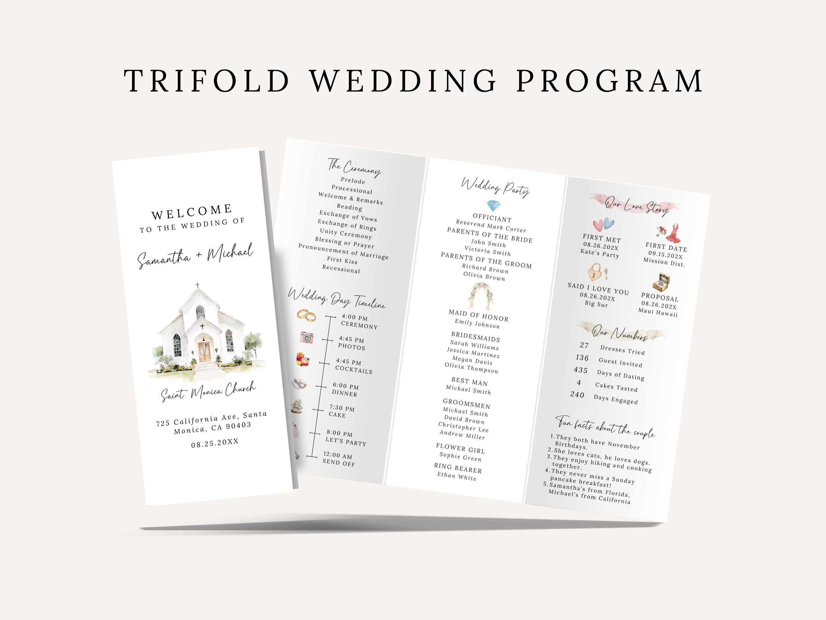 Programma di matrimonio a tre ante, modello di programma di matrimonio infografico, programma di cerimonia di matrimonio in chiesa, cronologia del mat