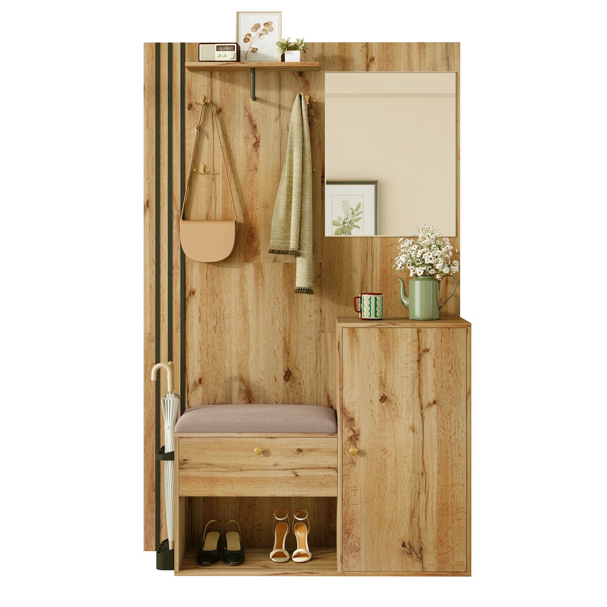 OKWISH Multifunktionaler Flurschrank aus MDF mit Soft-Close-Türen, verstellbaren Regalen, Kleiderstange, Spiegel, Schirmablage, Holz+Schwarz, 115x37x185 cm Image
