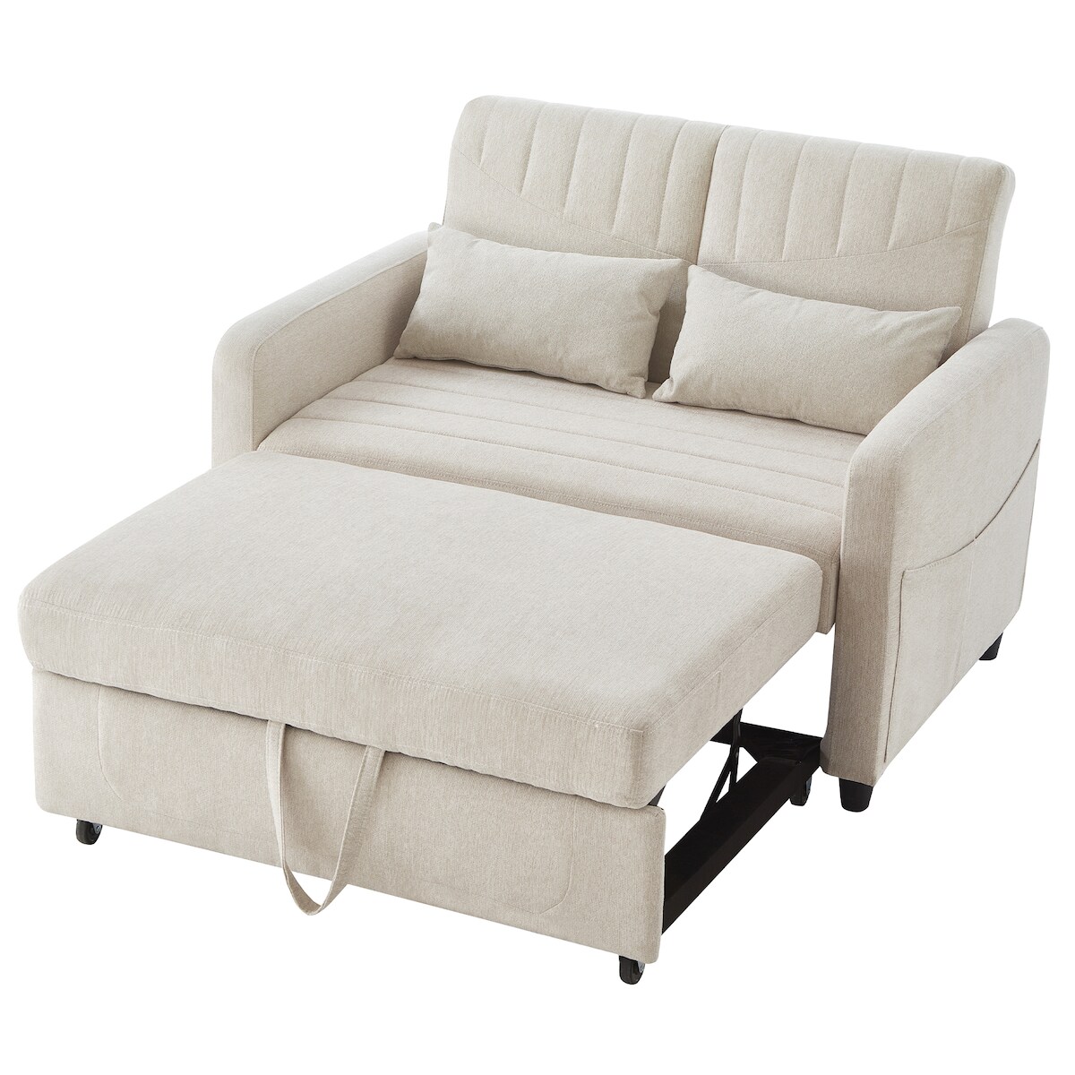 OKWISH Zweisitzer Ausziehsofa 114x77x82 cm, 3-fach verstellbare Rückenlehne, Baumwoll-Leinen-Stoff, Hochdichter Schaum, Holz-Metallgestell,Beige Image