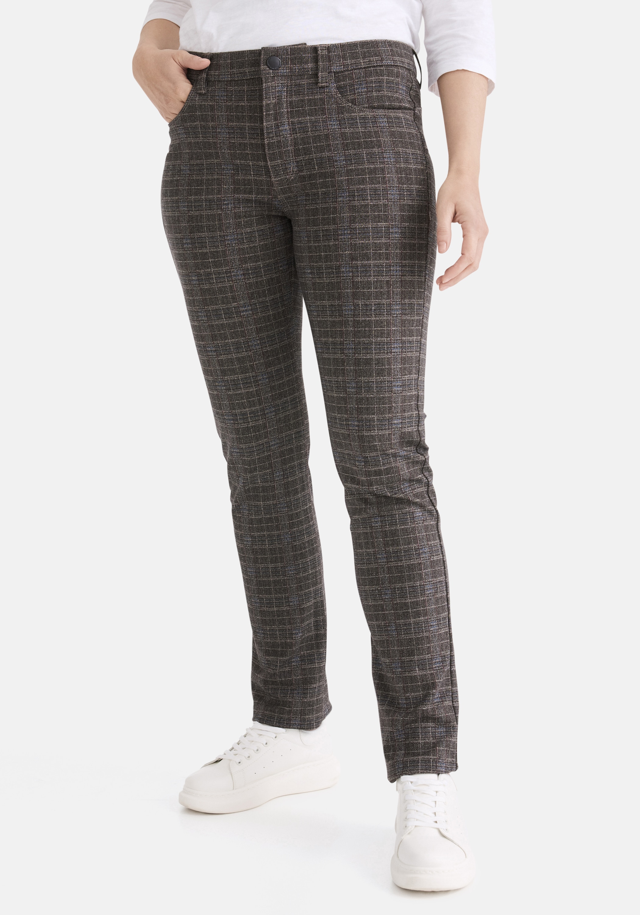 5-Pocket-Hose STOOKER WOMEN "Milano Jersey Print Magic Shape Fit", Damen, Gr. 48, Länge 30, braun (braun check), Twill, 67% Viskose, 27% Polyamid, 6% Elasthan, schmal lang, Hosen 5-Pocket-Hose, Casual Printed, Bedruckt Magic Shape Effekt für Damen