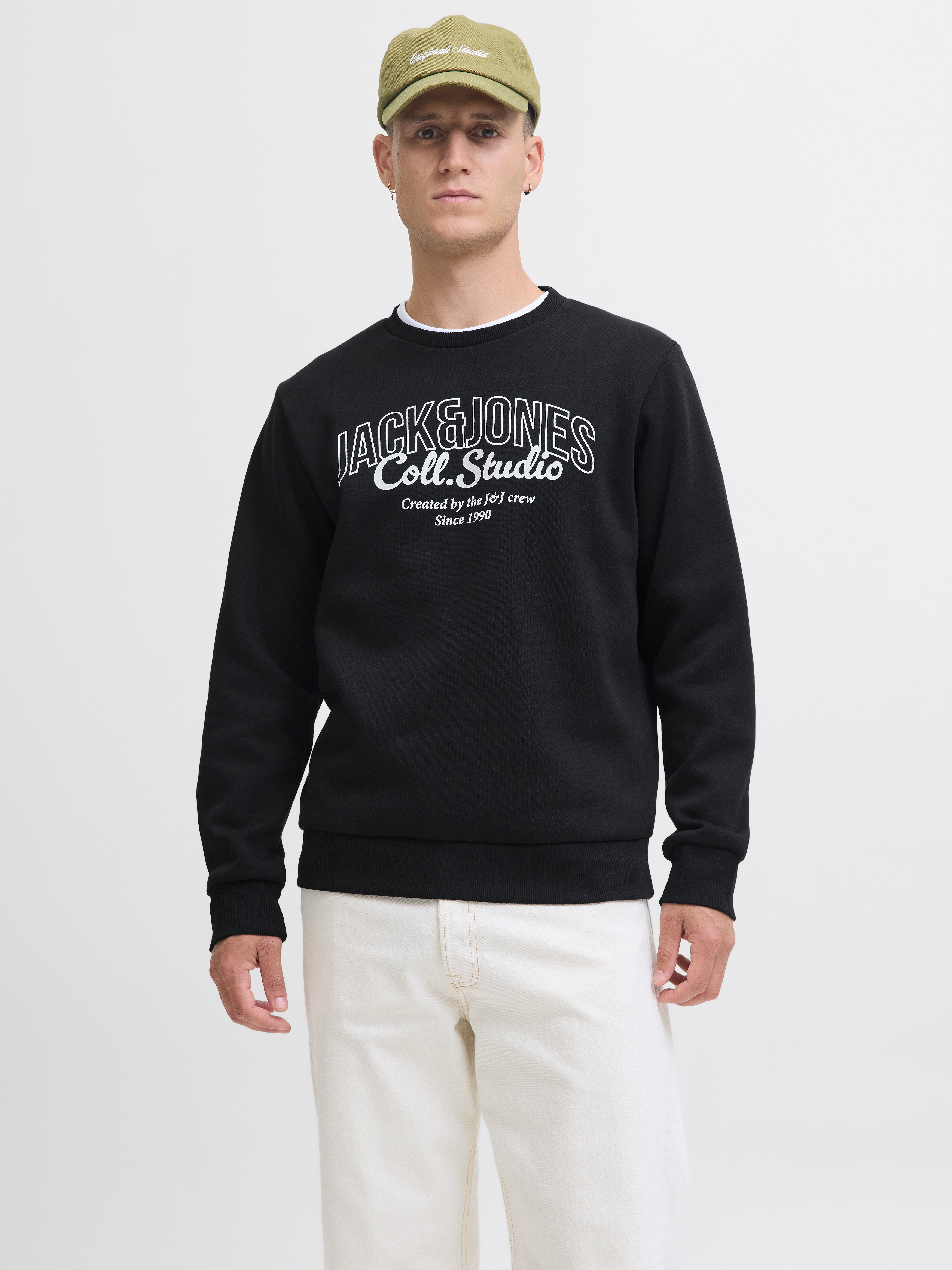 Sweatshirt JACK & JONES "JJMAKOTO SWEAT CREW NECK", Herren, Gr. S, schwarz (schwarz print:big print), angeraute Sweatware, Obermaterial: 80% Baumwolle, 20% Polyester, bedruckt, regular fit, Rundhals, Rippbündchen, Sweatshirts Sweatshirt