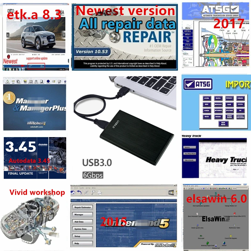 Neueste Alle Reparaturdaten 10.53 Autoreparatursoftware Mitchel Autodata 3.45 Elsawin 6.0 Etka 8.3 Vivid Workshop 49-Software in 1 TB HD Image