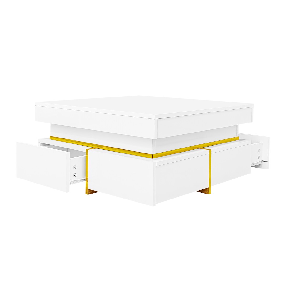 OKWISH Moderner Couchtisch 70x70x35 cm Hochglanz Weiß mit goldenen Akzenten Wohnzimmer Sofatisch mit 2 Schubladen Aufbewahrung Design Tisch Image