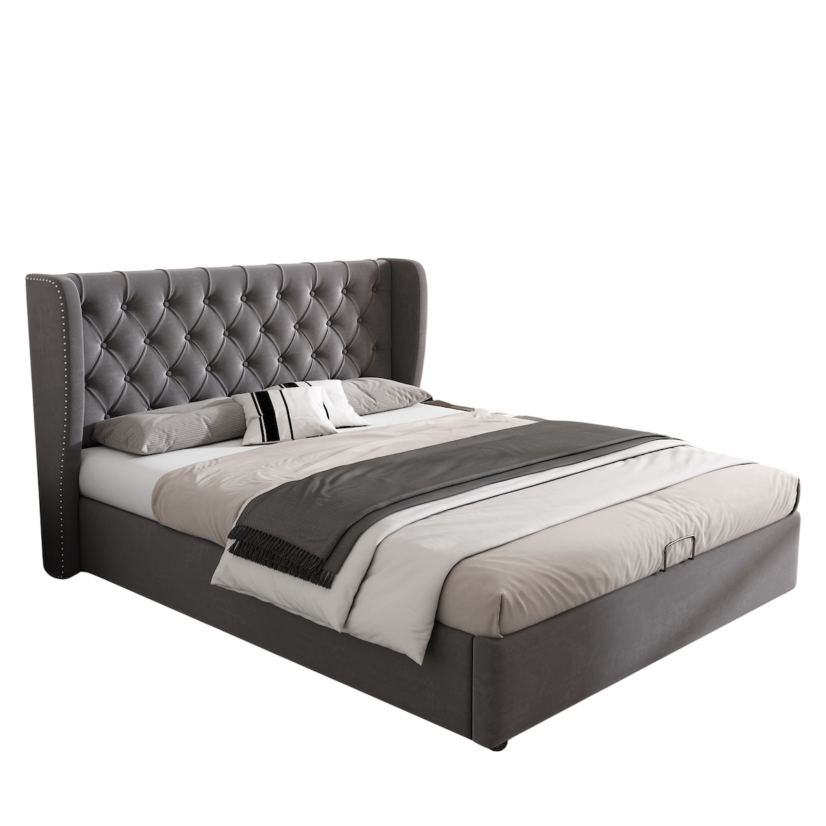 STILVORA Samtbett 140x190 cm mit Stauraum und Nietendekor, elegantes Stoffbett mit gepolstertem Kopfteil in moderner Boxspring-Optik Grau Image