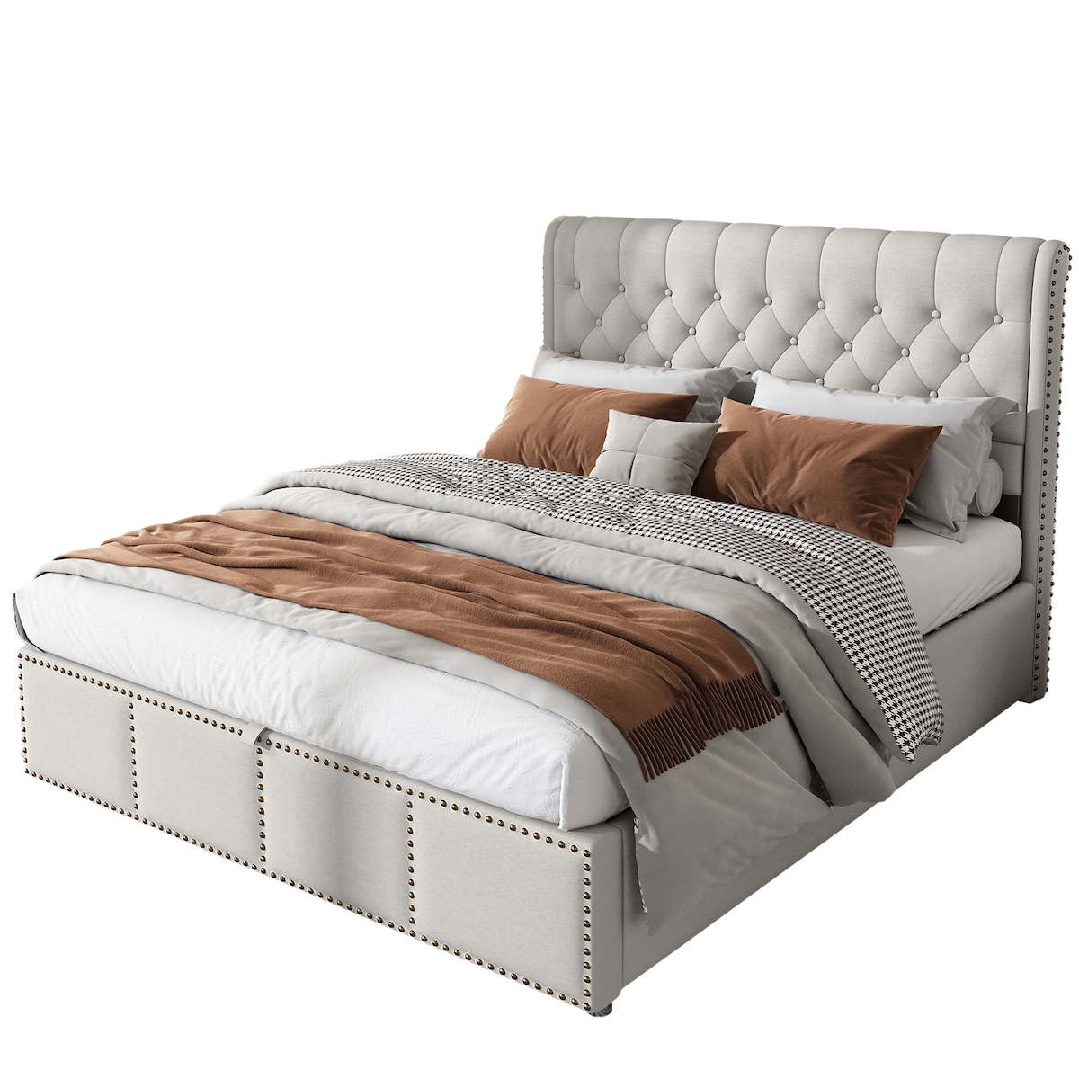 STILVORA Bett 160x200 mit hohem Kopfteil, Stauraum und Bettkasten Europäisches Design mit Nietendekor Elegantes Doppelbett mit 107 cm Rückenlehne Hellgrau Image