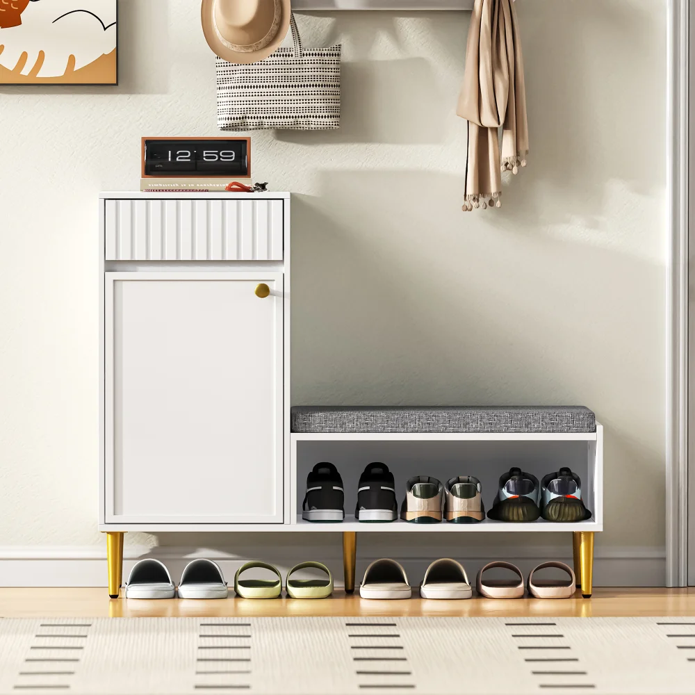 Moderner Schuhschrank mit Bank, 1 Tür, 1 Schublade, 1 offene Aufbewahrungsfächer, gepolstert; Weiß, Abmessungen: 100 x 35 x 82,2 cm