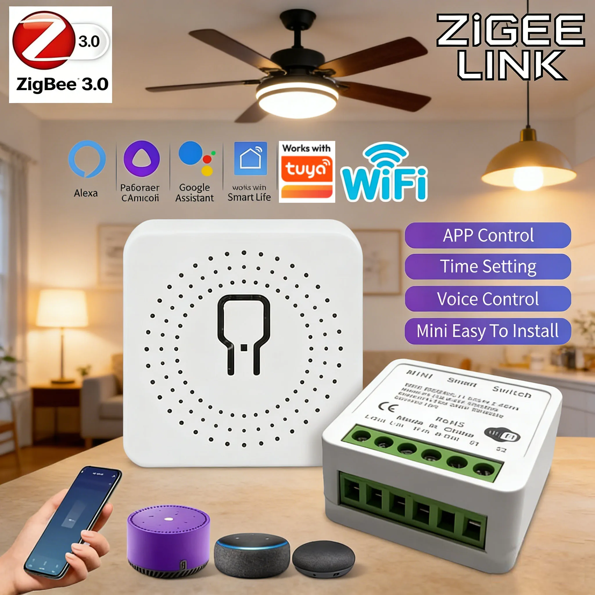 Interruttore Intelligente ZigBee Wifi Mini Relè 16A/20A per TUYA Alexa Google con Funzione Timer Controllo a 2 Vie Automazione Domestica