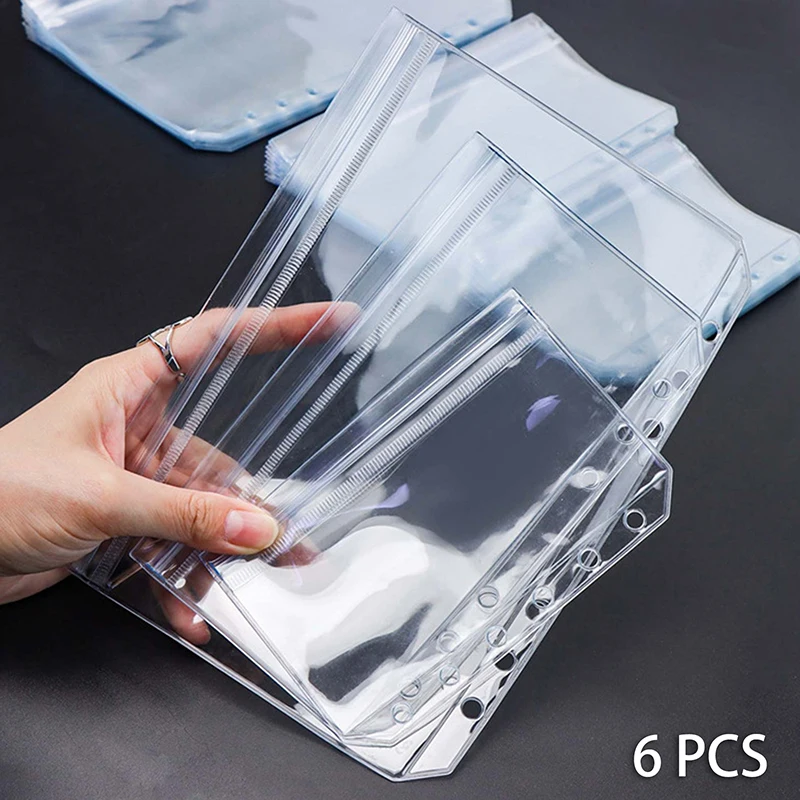 Neue 6 Stück A5/A6/A7 6 Löcher 3-lagige doppelseitige Bindertaschen, wasserdichte transparente PVC-Reißverschlussordner und seitlich offene Ordner Image