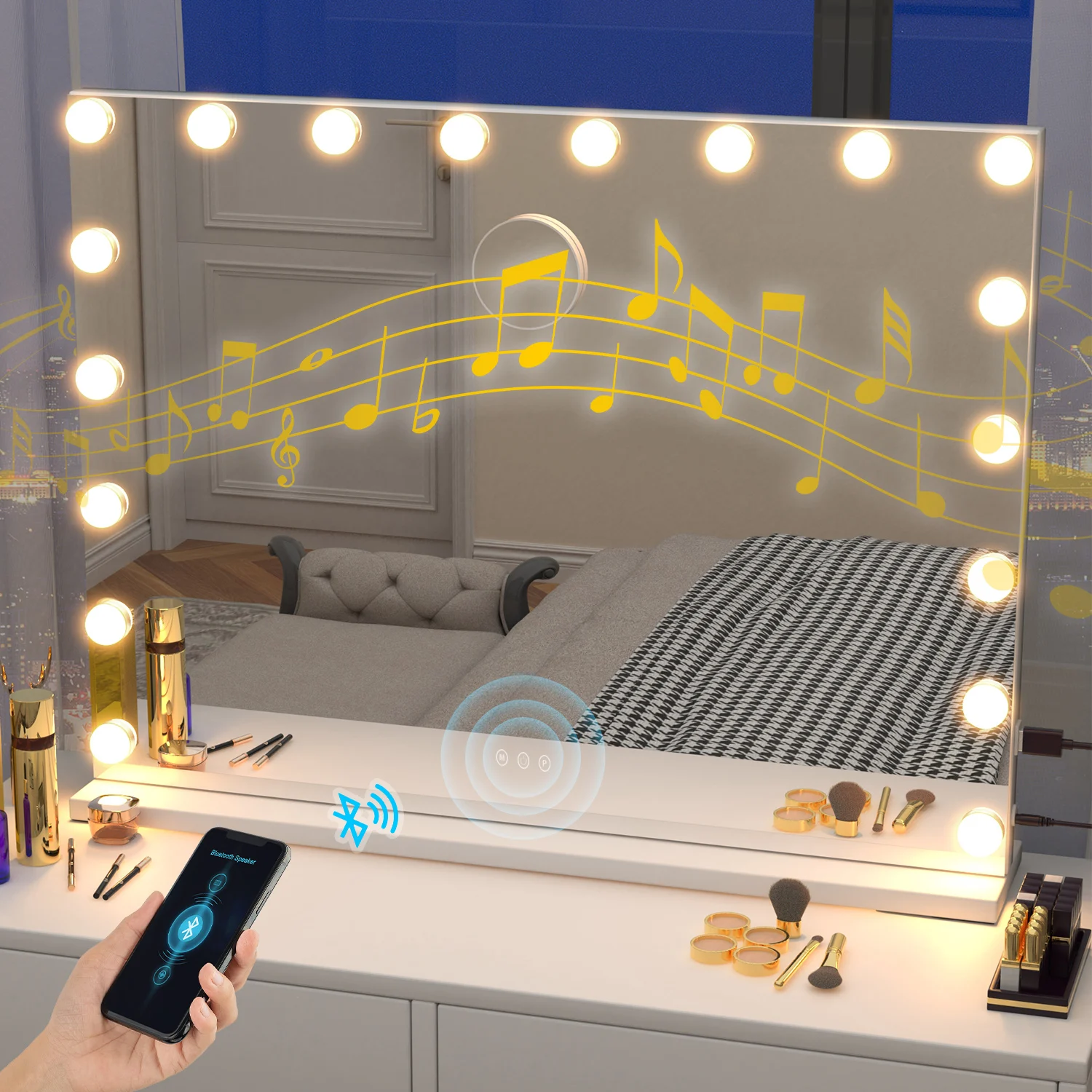 Hollywood-Make-up-Spiegel, 3 Beleuchtungsmodi, verstellbare, abnehmbare Touchscreen-Lupe, mit Bluetooth-Lautsprecher, 80 x 62 cm Image