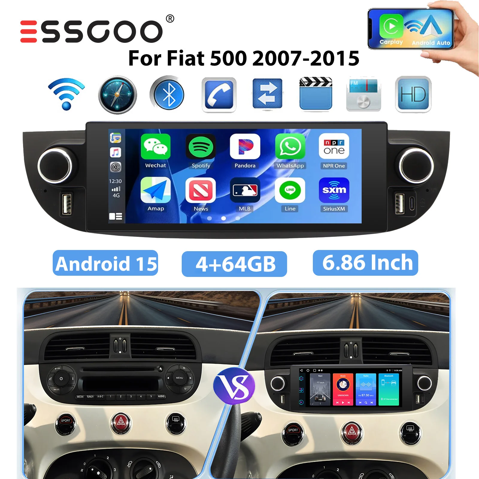 ESSGOO Drahtloses CarPlay Android 15 Autoradio für FIAT 500 Abarth 2007 2008 2009–2015 Multimedia-Bildschirm Stereo GPS Navigation WIFI SWC RDS FM Radio Android Auto Image