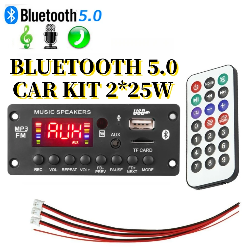 Handsfree 2*25W 50W amplifier Car Audio USB TF FM Radio AUX Bluetooth 5.0 9V 12V MP3 WMA Decoder Board MP3 Player with Remote