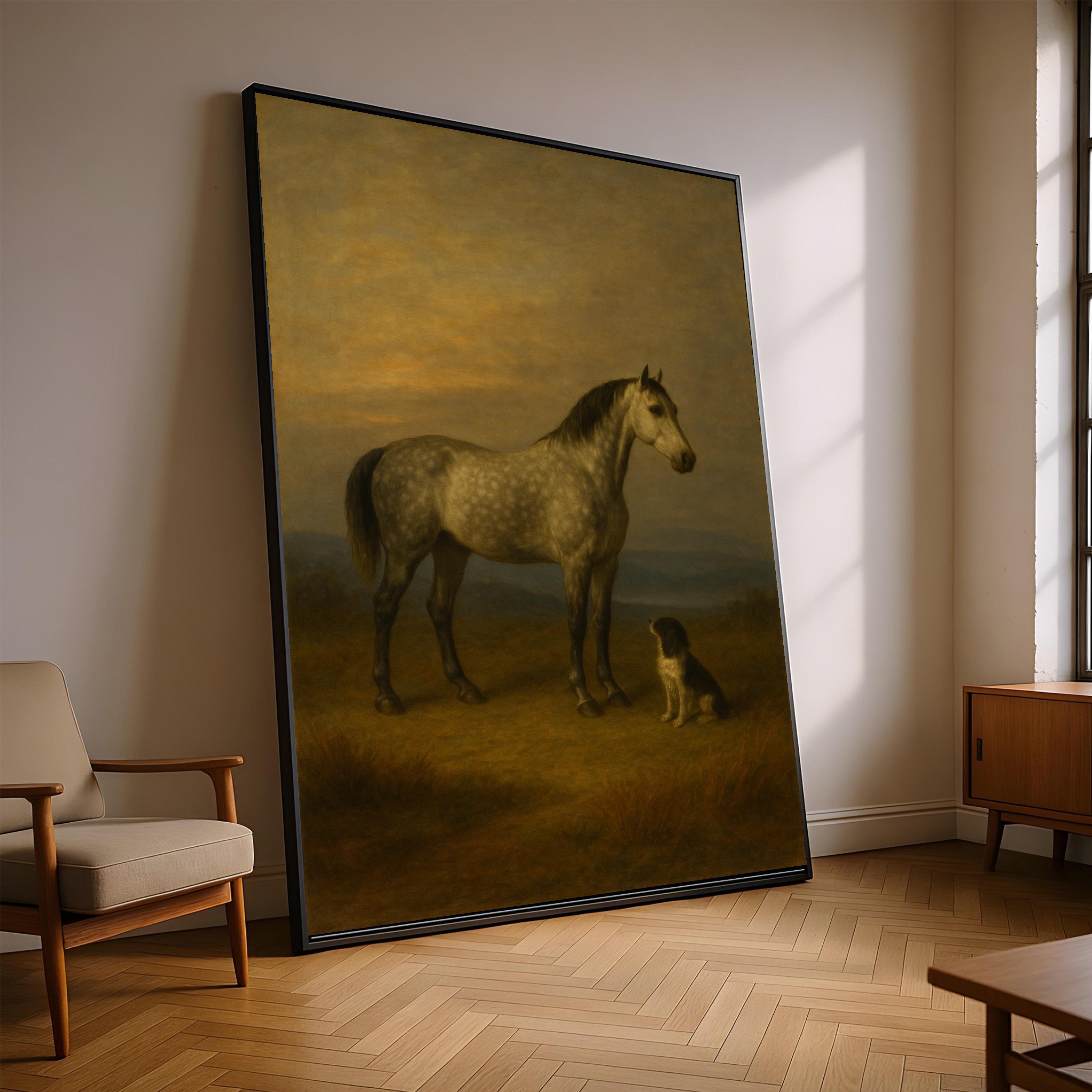 Maestoso cavallo grigio pomellato con cane fedele, stampa su tela con animali vintage, stampa su tela con ambientazione rustica, arredamento equestre