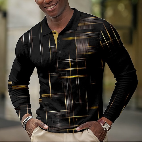Herren Geometrisch Waffel-Poloshirts Langarm Polo-Shirts Hemden mit Kragen Business-Casual Geschäft Büro-Outfit Alltagskleidung Knöpfe Frühling Herbst Winter Blau Schwarz Rosa Image