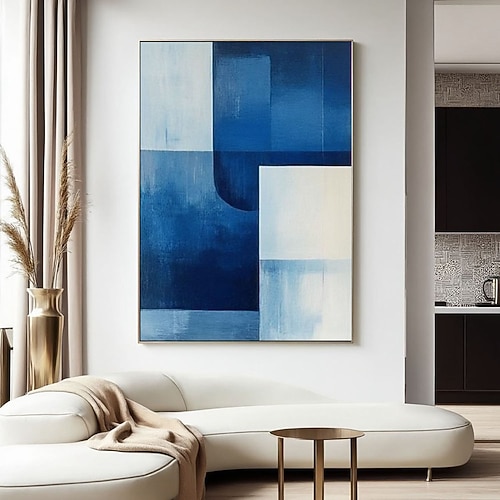 Großes handgemaltes Ölgemälde, abstrakte Kunst, geometrische Leinwand, marineblaue Wandkunst, minimalistische Malerei, Leinwandbild Image