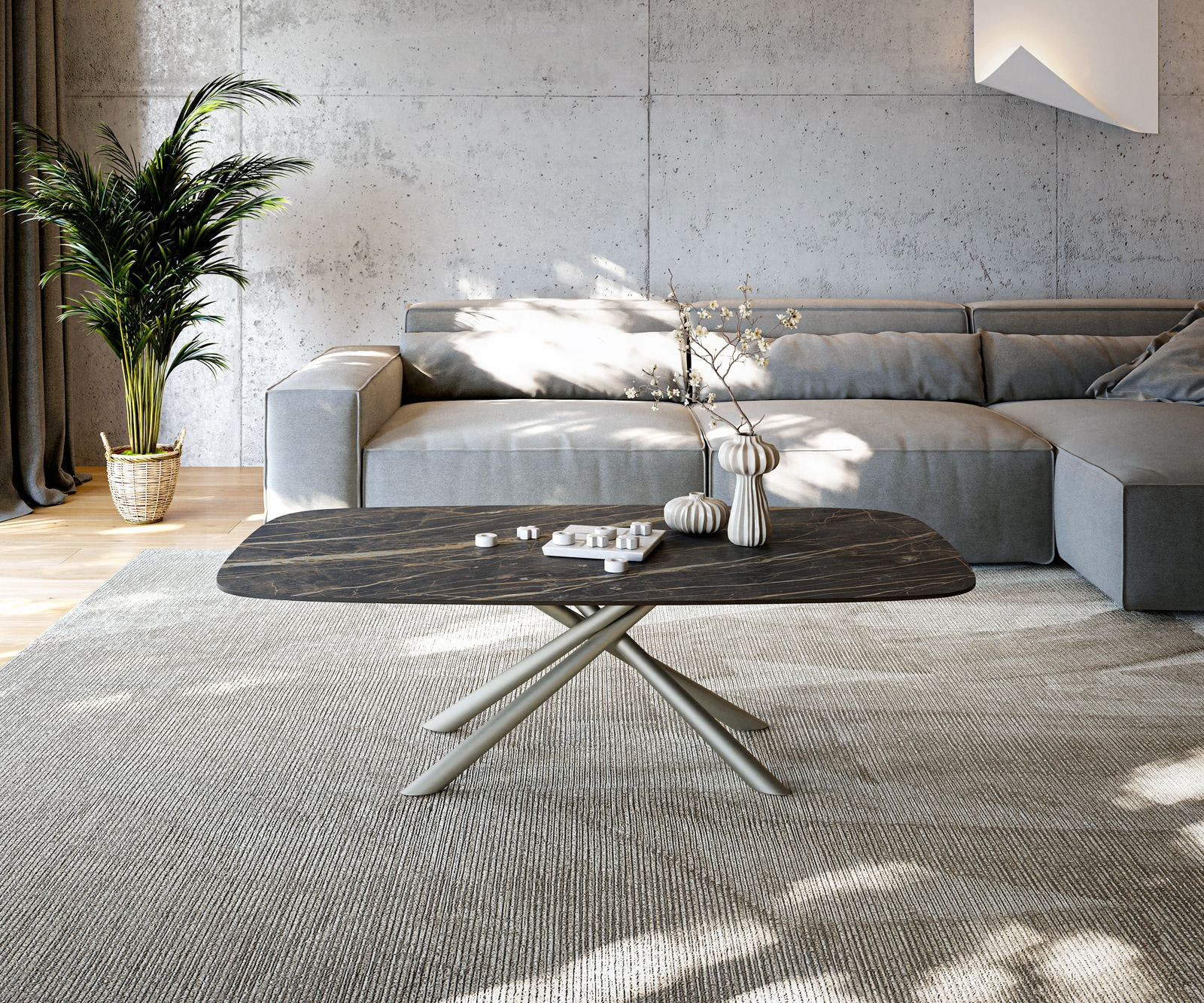 DELIFE Couchtisch Edge Boot 140x80 cm Keramik Laminam® Noir Desir Braun Sarity Metall Effektfinish Titan, Couchtische Image