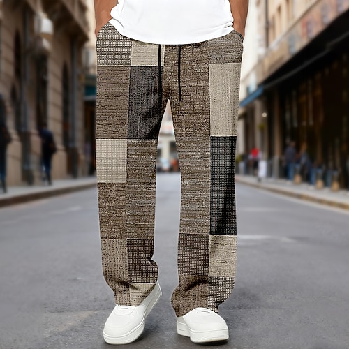 Herren Geometrisch Farbblock Patchwork Jogginghose Hose Freizeithose Mittlere Taille Vintage-Retro Outdoor Alltagskleidung Elastischer Kordelzug in der Taille Gerade geschnittene Hose mit Taschen Image
