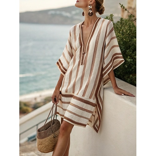 Damen Minikleid Shiftkleid Lässig Outdoor Ausgehen Lässiger Schnitt Blumen Geometrisch Gestreift Halbarm V Ausschnitt Blau Weiß Dunkelrot Rote Sommer Frühling Image