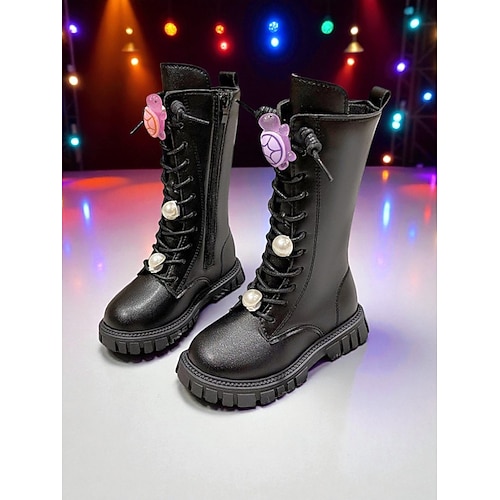 Kinderschuhe im Stil koreanischer Popstars – Schnürstiefel mit Schildkrötenanhänger Perlenverzierungen für das Silvesterparty-Outfit Image