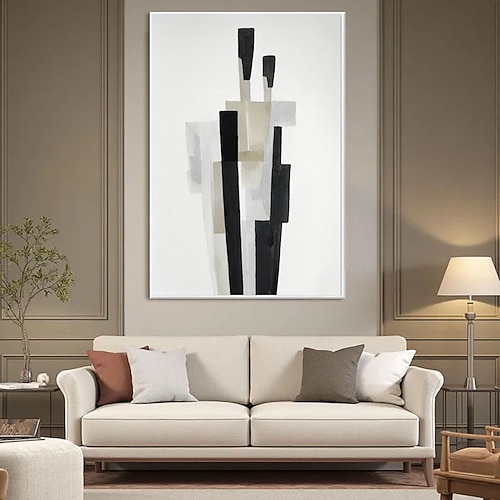 handbemalt schwarz abstraktes, figuratives Ölgemälde in Weiß, originelles minimalistisches Linienpaar-Wandbild auf Leinwand, moderne Wohnzimmerdekoration, Geschenk Image